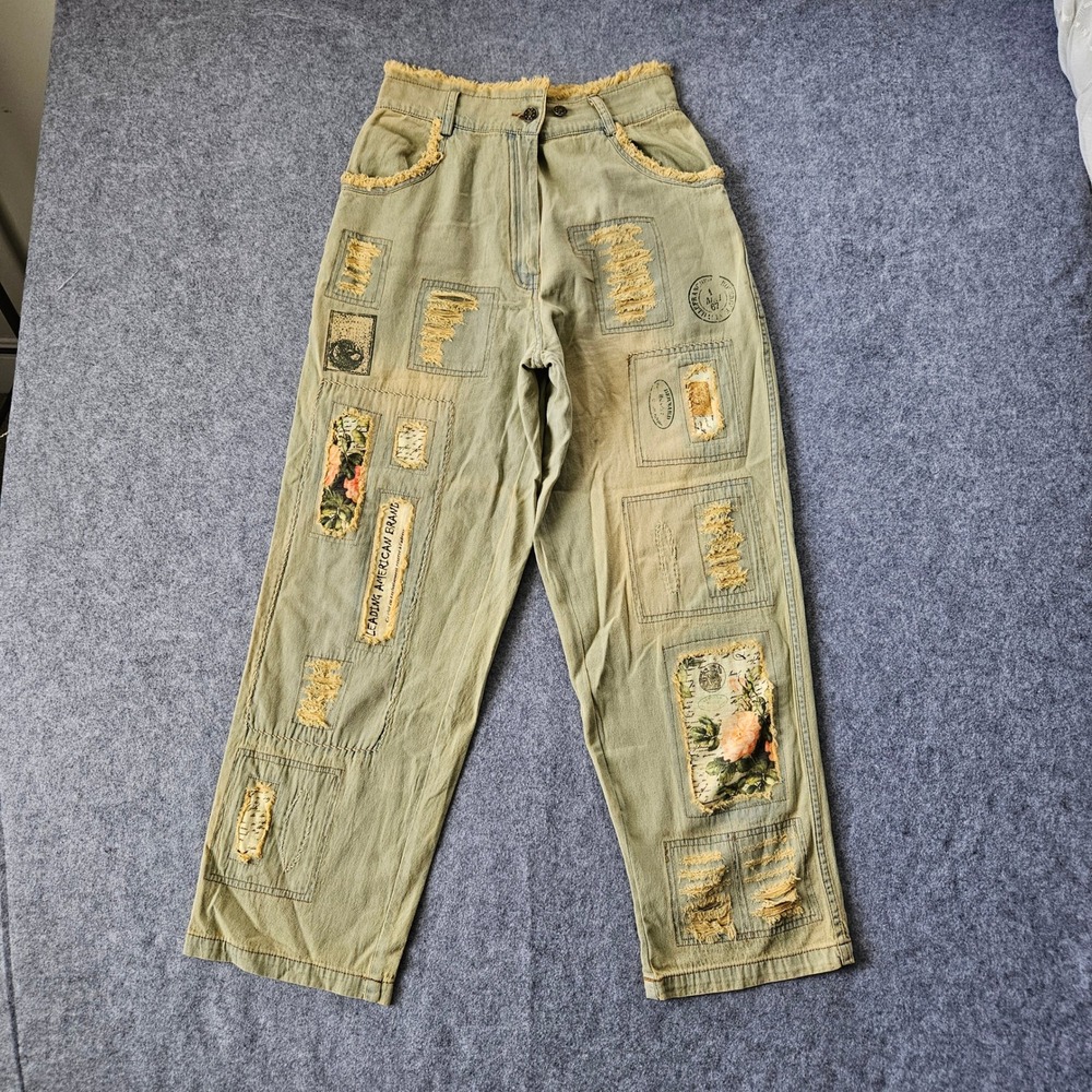 Paper Lace Sage Green Patchwork Distressed Denim Pants Floral Graphic Small
